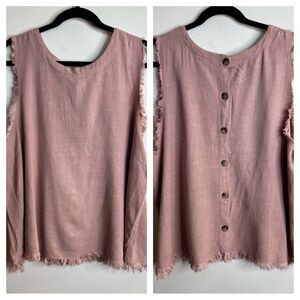 GiGio Plus 1X Elegant Pink Frayed Tank Top Buttons Linen Blend Dusty Pink Boho